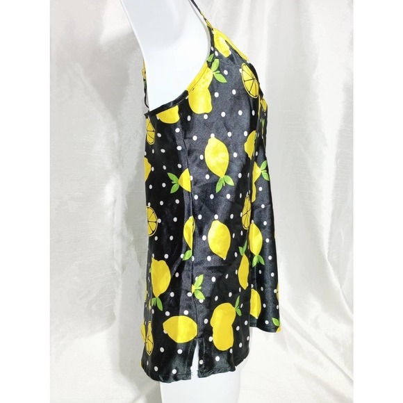 LEMON fruit satin tank top camisole summer BLOUSE black yellow polka dots - Picture 3 of 5